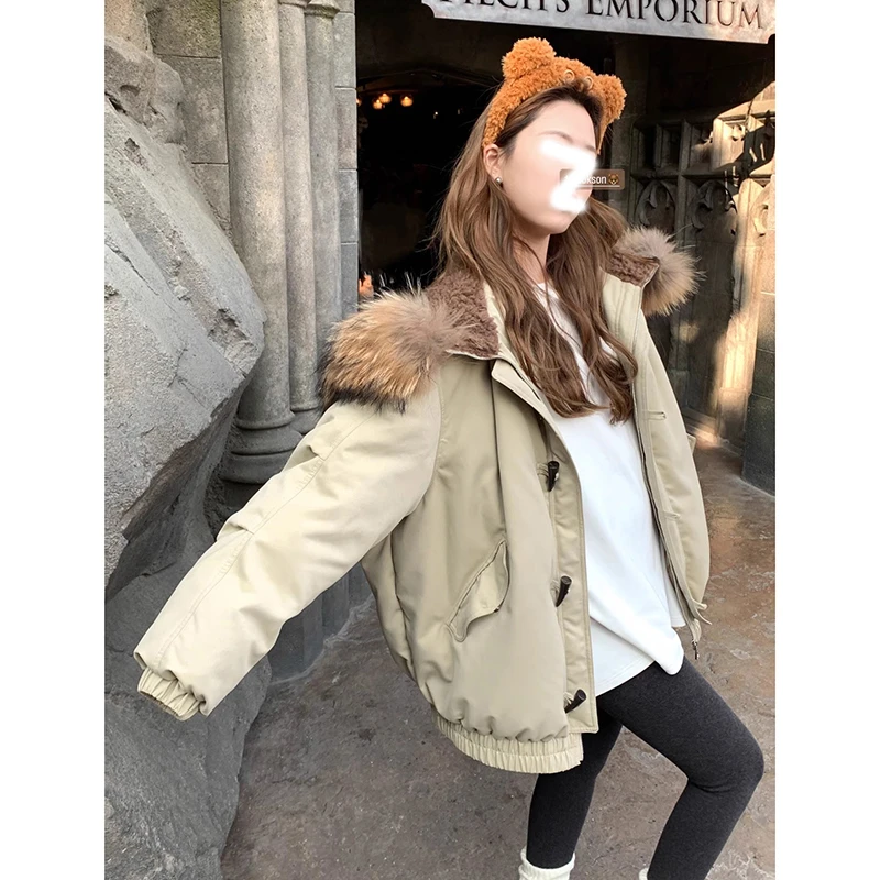 秋冬季牛角扣连帽宽松加厚保暖外套百搭韩版大毛领短款ins棉服女