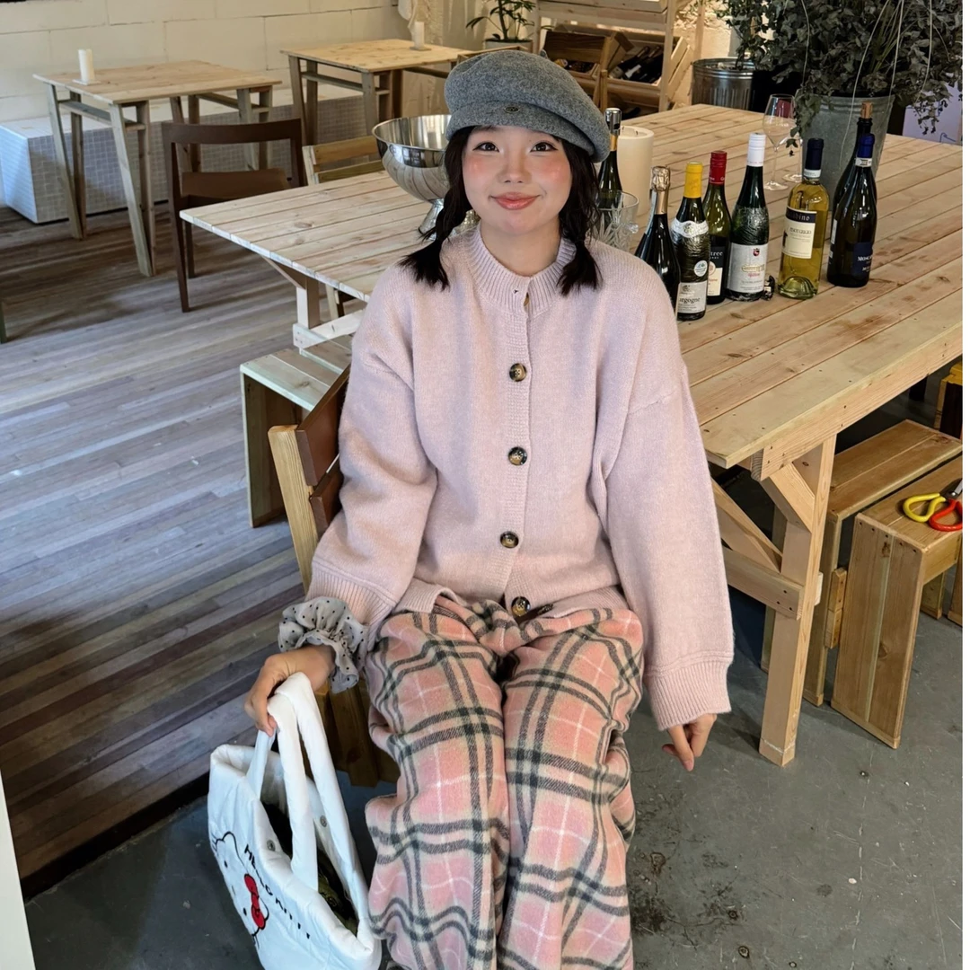 季风少女宽松开衫长袖毛衣外套粉色格纹毛呢阔腿长裤秋冬两件套女