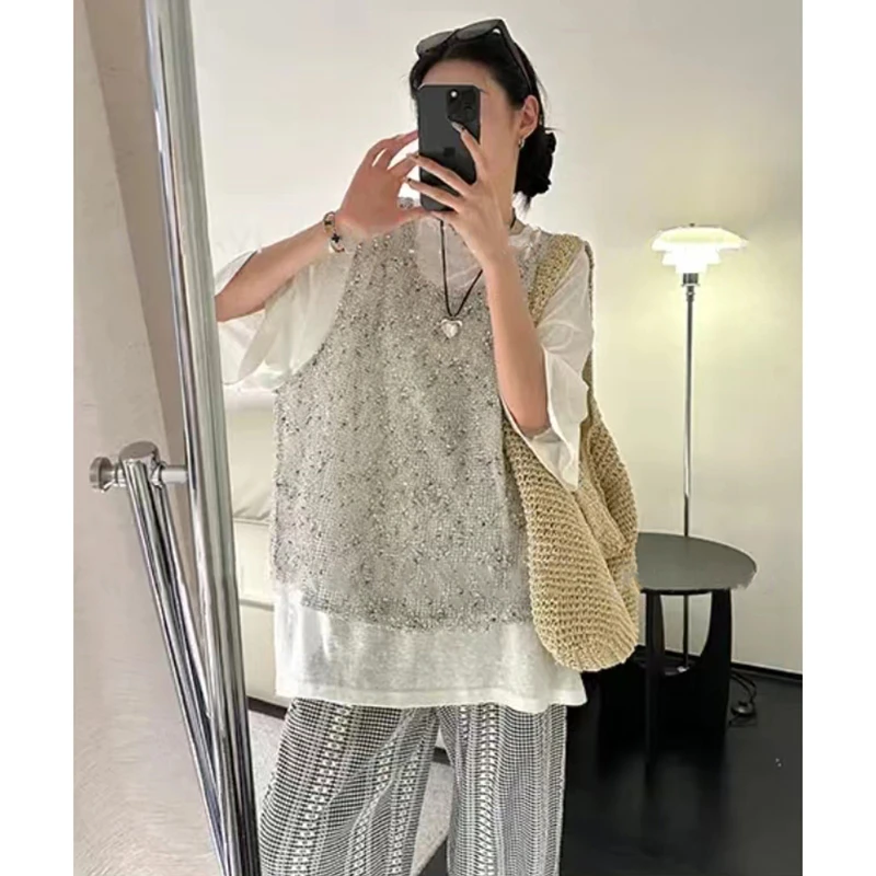 镂空网格马甲圆领短袖宽松T恤高腰条纹阔腿裤夏季百搭三件套装女