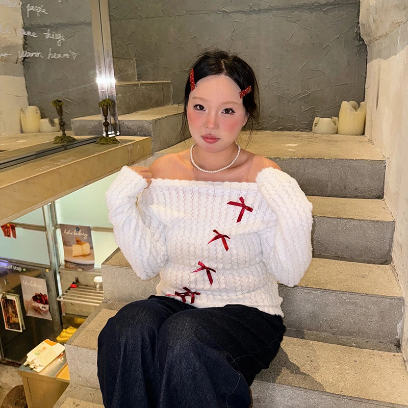 蝴蝶结白色打底衫女2024新款春秋长袖T恤内搭露肩斜领针织上衣女