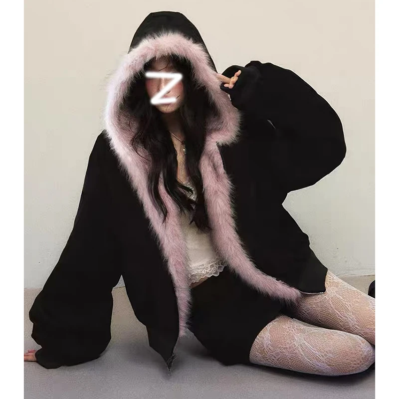 粉墨正反两穿长袖双拉链卫衣冬季连帽上衣时尚百搭休闲美式外套女