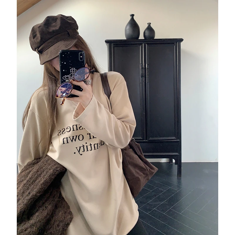 秋冬字母印花百搭长袖打底衫宽松磨毛内搭T恤基础款内搭上衣