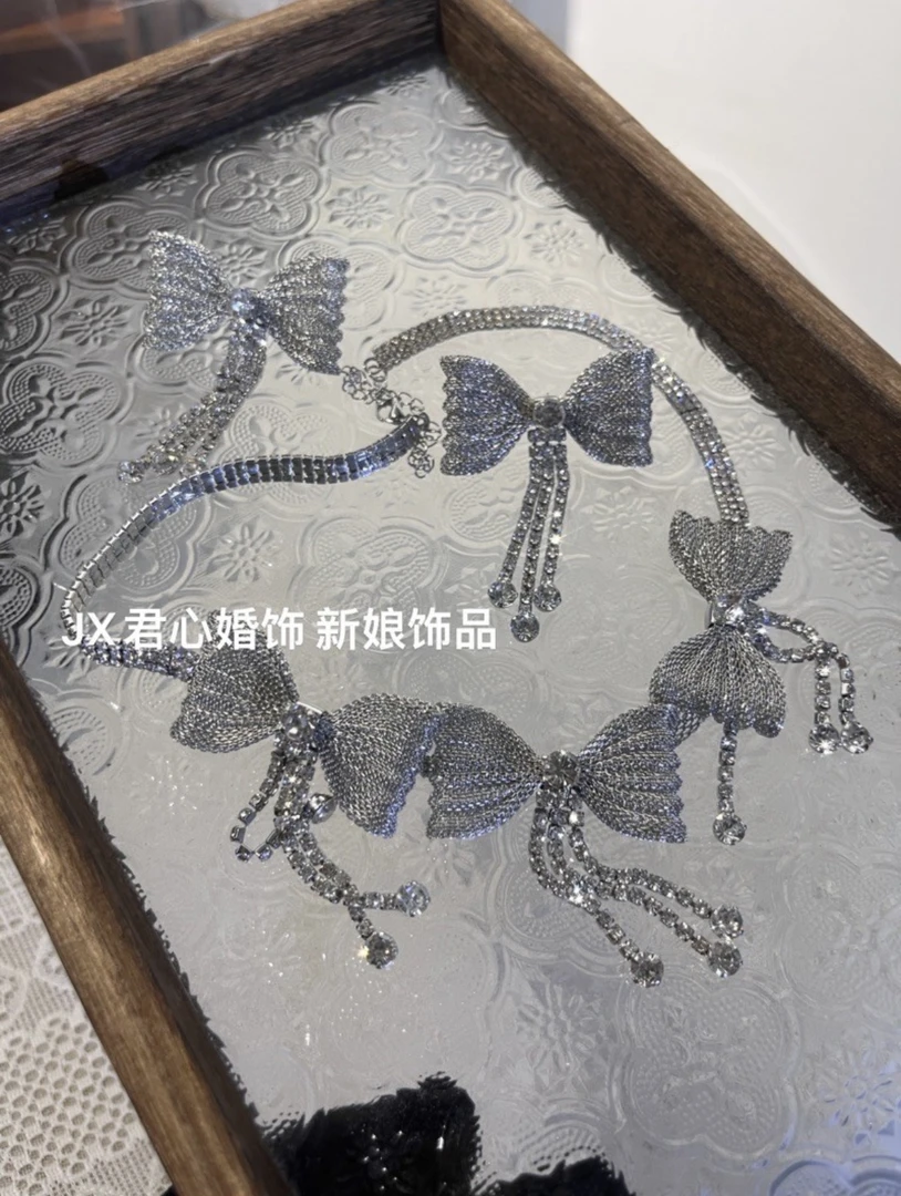 合金耳饰 君心家 蝴蝶结亮钻礼服婚纱项链耳饰套装 新娘饰品