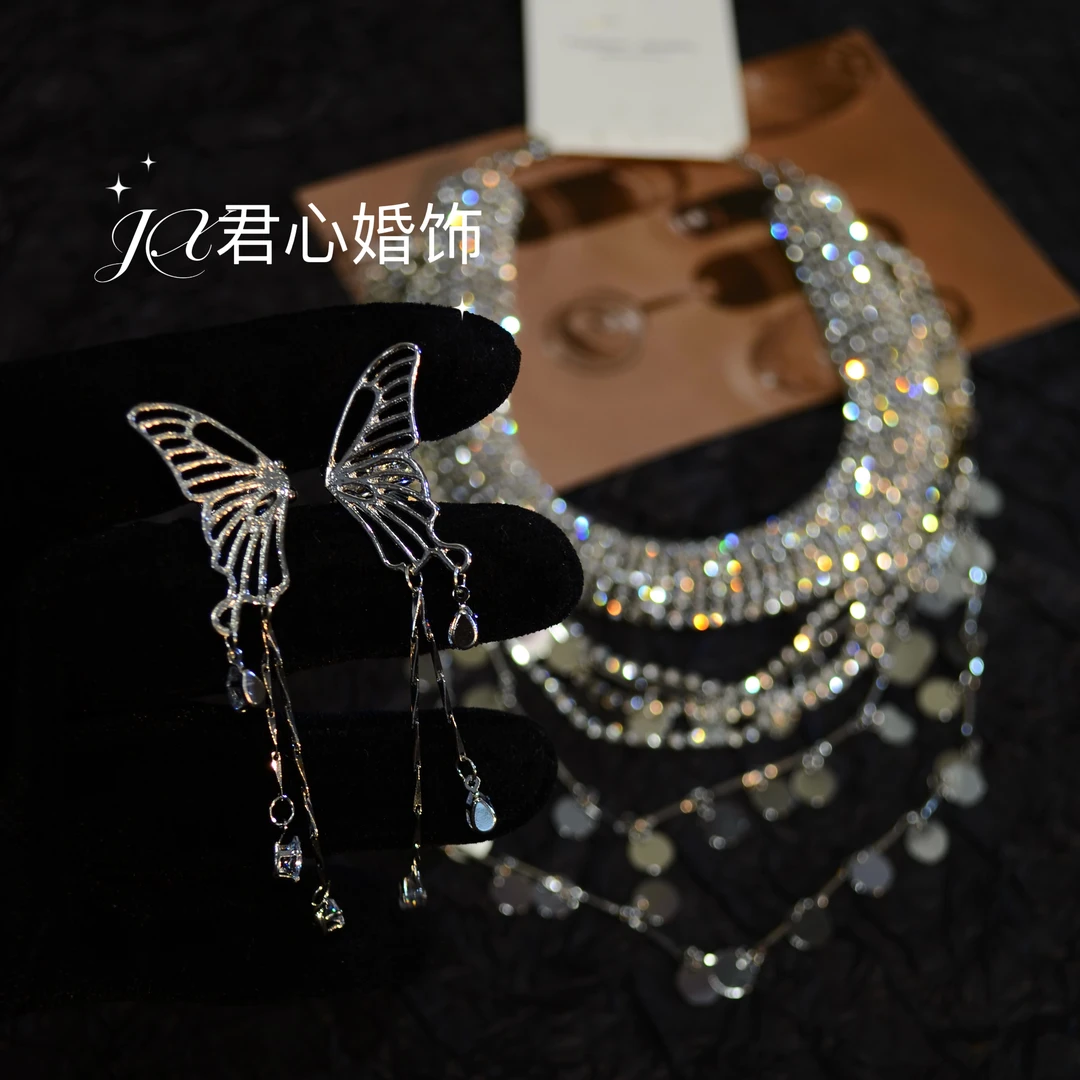 合金项链 君心家 晚宴名媛个性圆片链条多层项链奢华耳骨夹套装