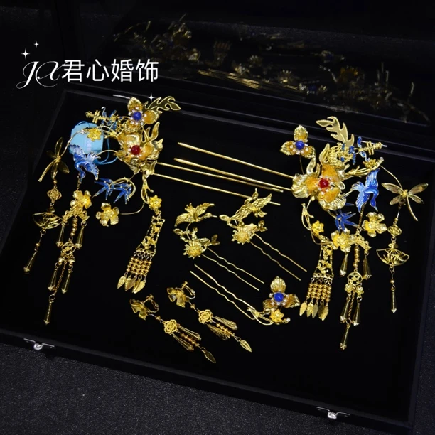 君心家 e311合金发钗金蓝撞色简约短流苏古风中式新娘结婚秀禾