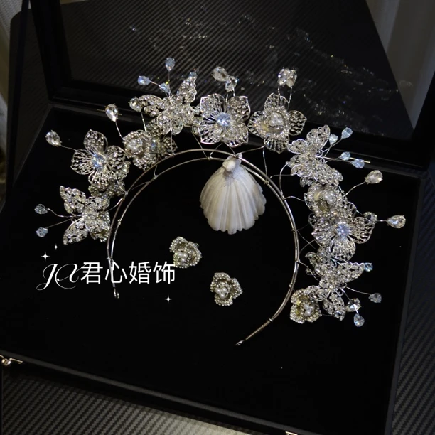君心家 T2可拆卸锆石花叶发箍耳夹三件套新娘婚纱礼服头饰