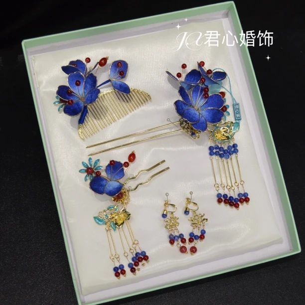 君心家 b159蓝色布艺花朵发钗发梳五件套新娘敬酒红色晨袍旗袍