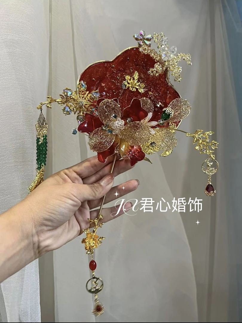 君心家 凝水团扇水红绿撞色迷你新娘囍扇13㎝扇面新娘饰品