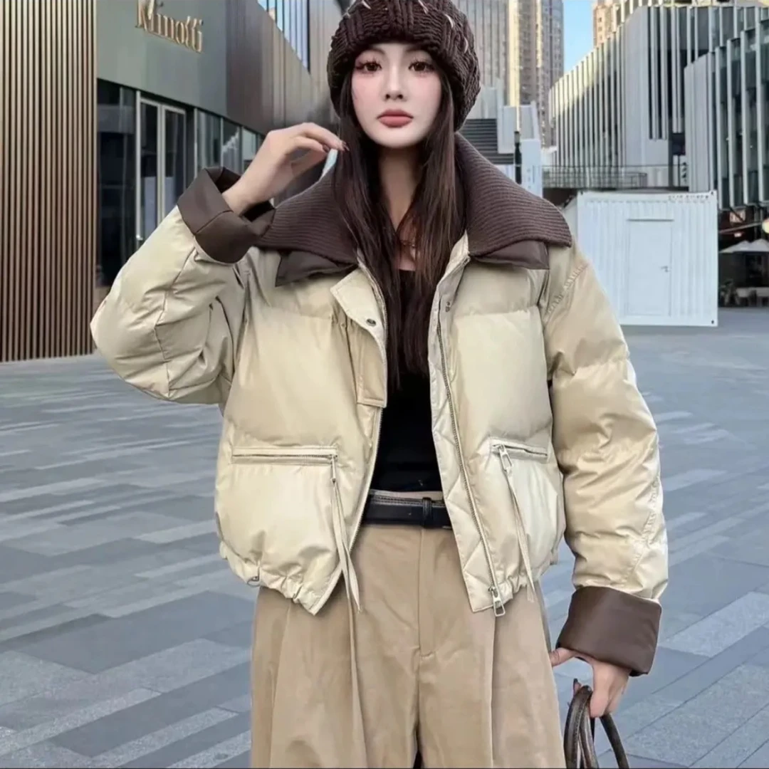 雅丹风拼接撞色毛线领短款棉服外套Hui