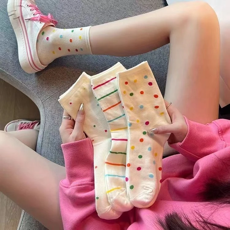 夏季彩色波点韩版少女潮袜条纹点点日系白色袜子可爱中筒袜ins风