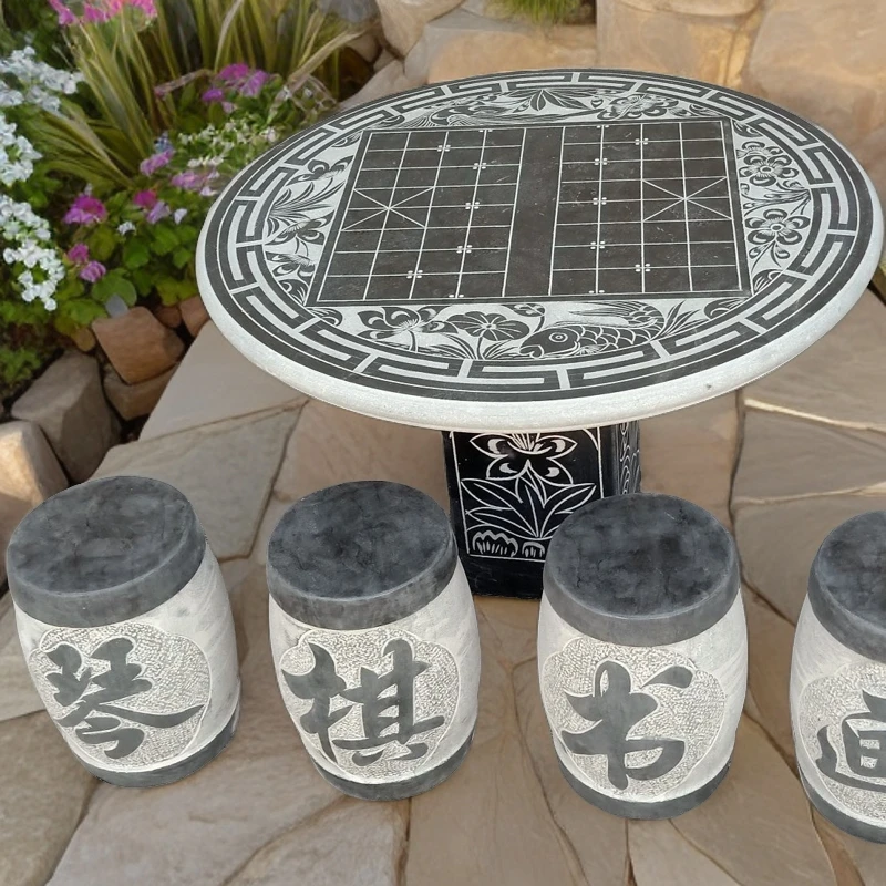 阳台休闲创意石桌石凳天然青石雕刻圆形家用复古茶几防水茶桌椅