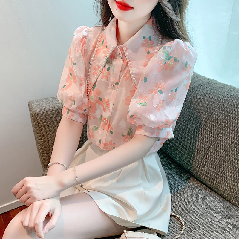 夏季新款小个子宽松薄款碎花上衣设计感小众甜美雪纺短袖衬衫