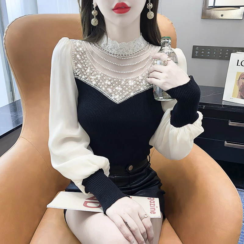 2024年春季针织衫重工钉珠洋气修身上衣女装新款长袖拼接