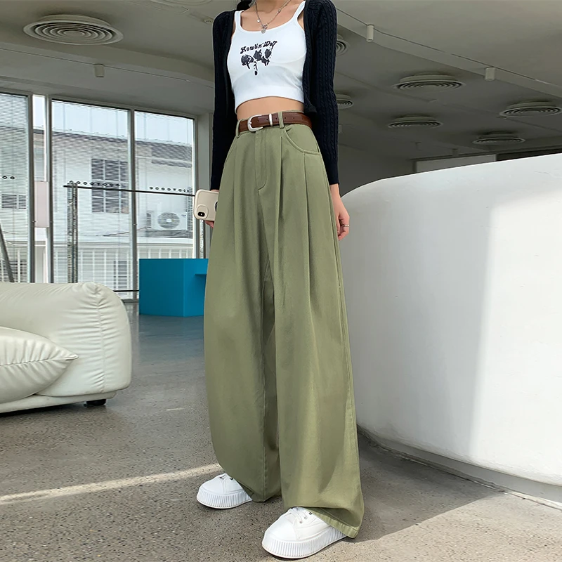 复古高腰阔腿裤子女2024秋季新款宽松显瘦休闲压褶直筒拖地长裤子