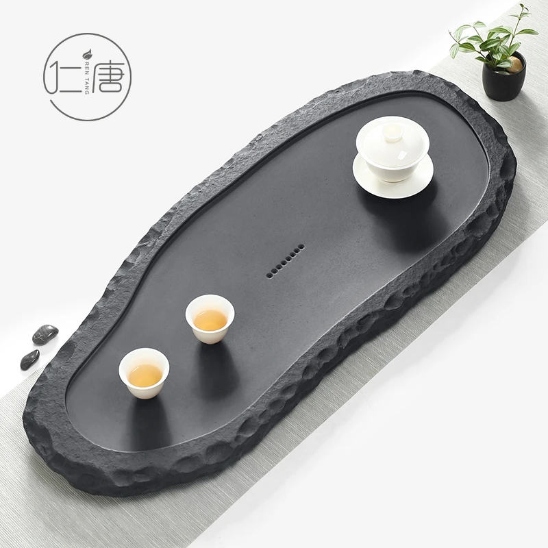 仁唐天然乌金石茶盘随形创意排水式办公家用茶盘创意茶盘随形小舟