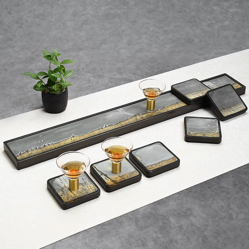 仁唐天然国画石搭配乌金石杯架杯垫高档手工创意家用轻奢茶道配件