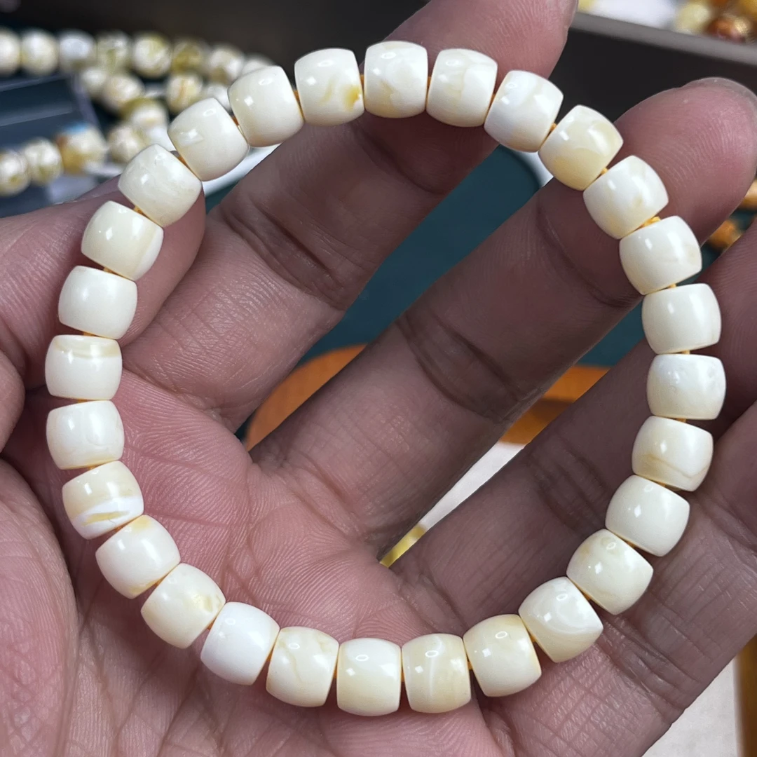 【一物一证】8.0mm天然原矿琥珀蜜蜡少纹满蜡白瓷白直切手串