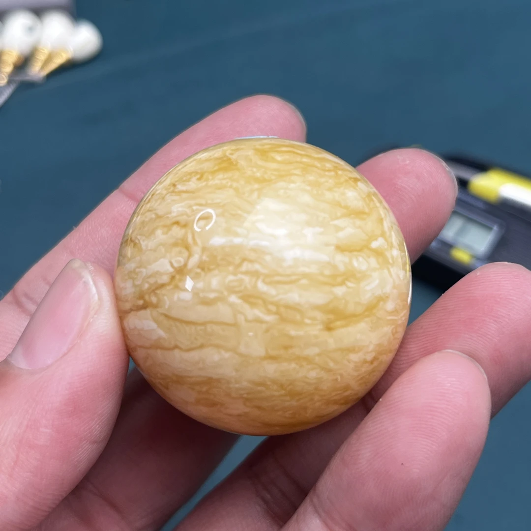 40mm天然原矿琥珀蜜蜡微咖点千层雪虎皮纹圆珠单珠