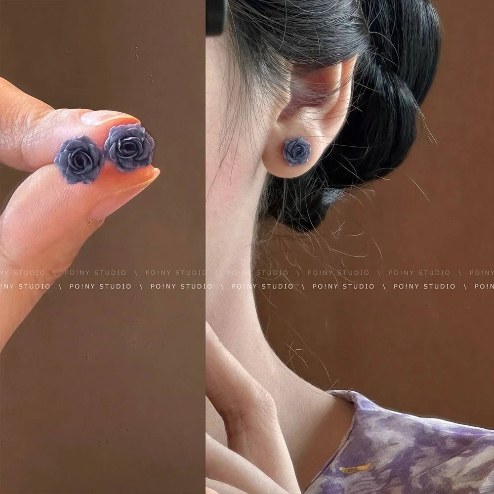 合金耳饰 YIZUN.CHOMEL紫色玫瑰花朵耳钉简约百搭气质高级耳环