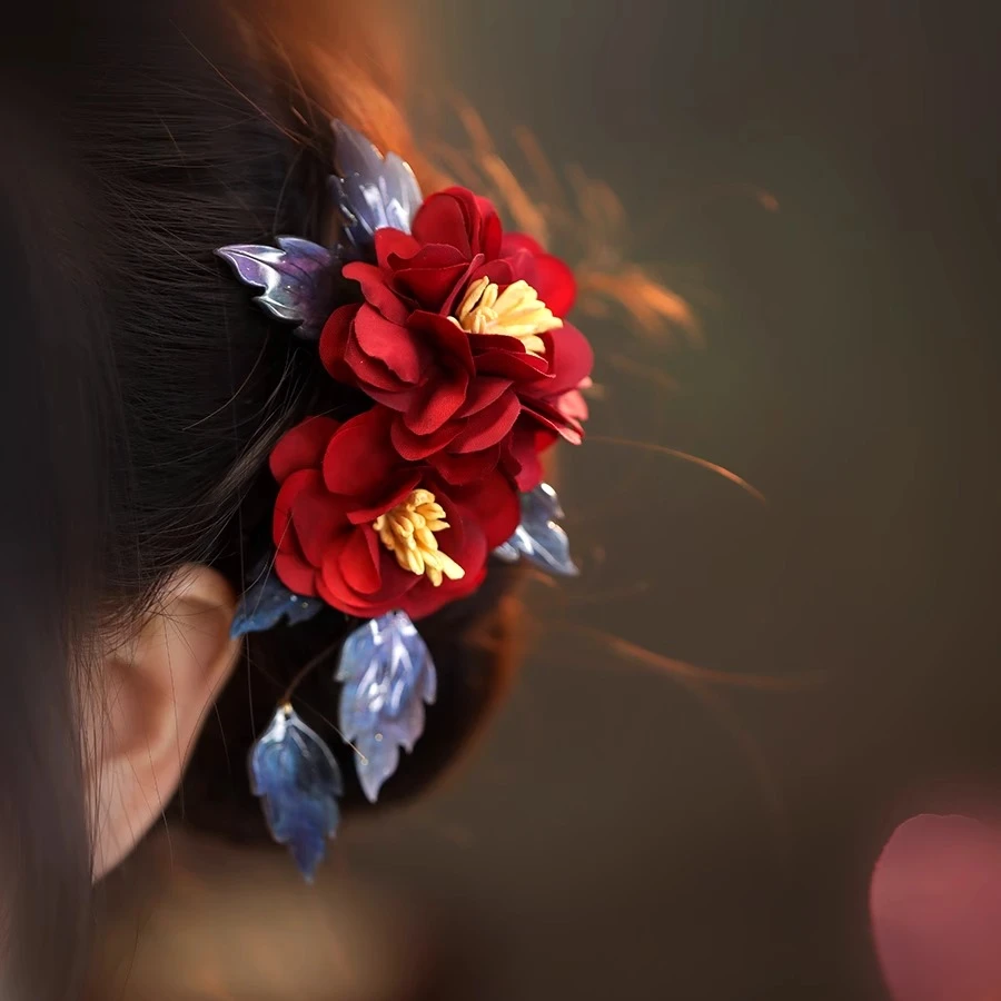 YIZUN.CHOMEL山茶花发夹 汉服女款红花头饰 古典国风复古森系发饰
