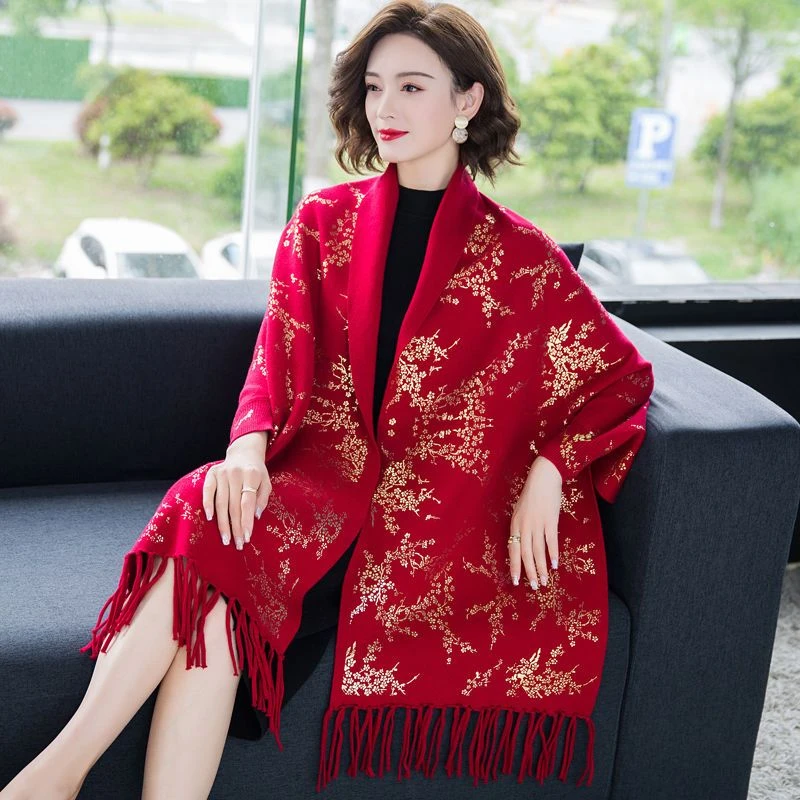 旗袍披肩女妈妈装喜婆婆秋冬季两用围巾披风斗篷带袖外搭加厚外套