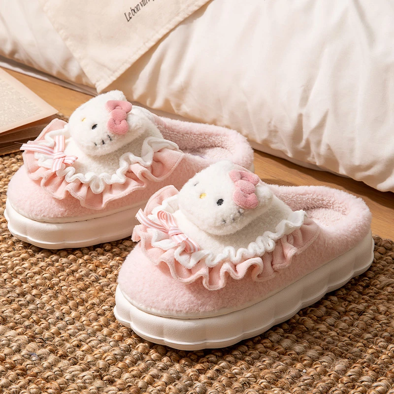 Kitty猫居家厚底毛绒棉拖库洛米美乐蒂包头情侣防滑卡通棉拖鞋