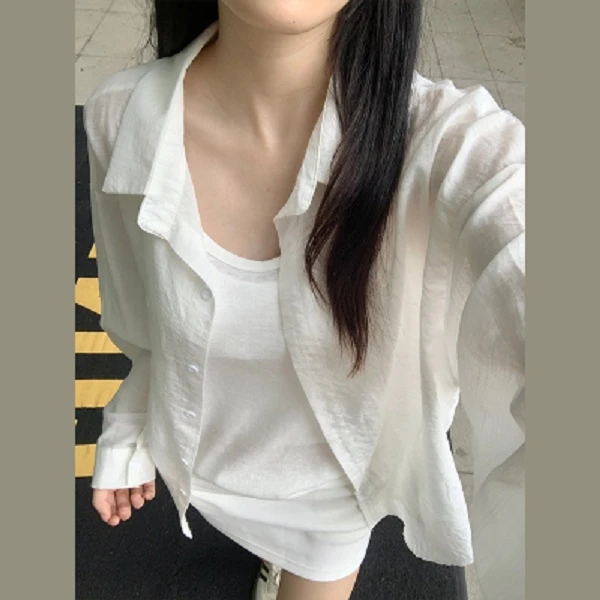 新款宽松薄款设计感小众白色长袖衬衫女外搭休闲百搭小上衣