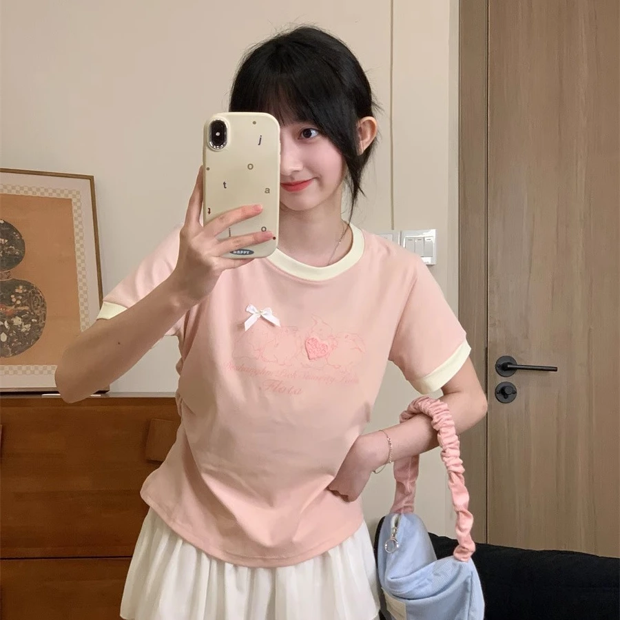法式粉色小兔短袖t恤女装夏季2024新款撞色显瘦短款正肩圆领上衣