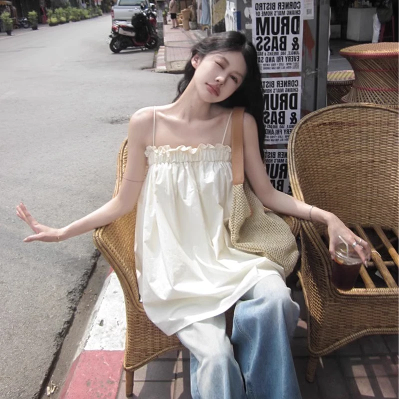 2024夏季新款设计感小众复古休闲宽松百搭无袖吊带背心裙娃娃衫女