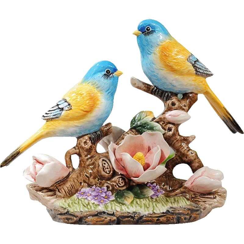 陶瓷蓝鸟玉兰花家居小摆件婚礼动物工艺品生日礼物卧室床头柜摆设