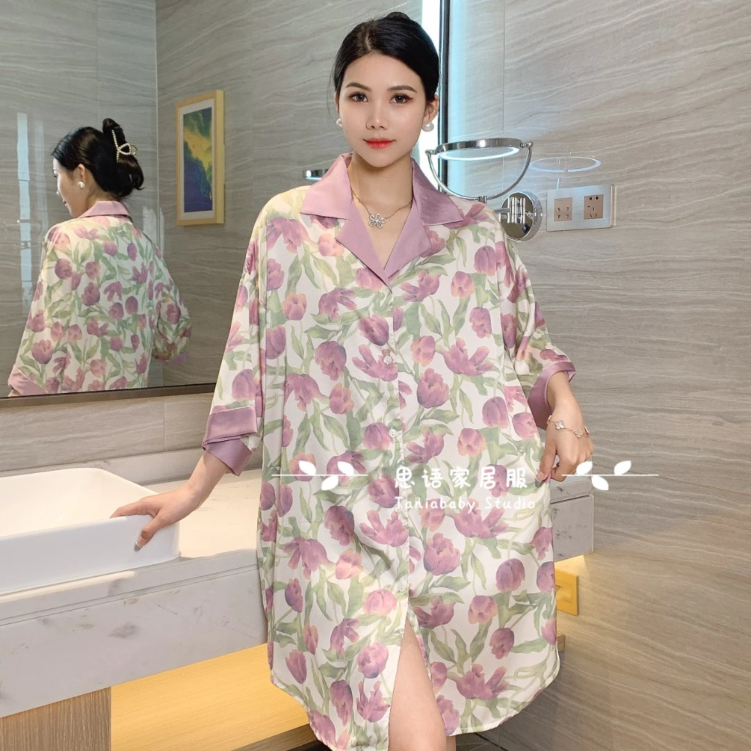【紫色花卉】轻奢衬衫裙冰雪丝睡衣家居服睡裙80-160斤可穿宽松