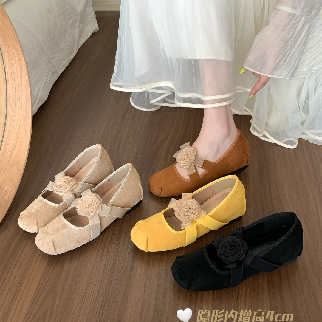 内增高版~法式复古绒面浅口玛丽珍鞋女春秋季新中式粗跟花朵单鞋