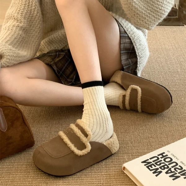 牛皮版厚底5CM！复古真皮勃肯鞋女秋冬加绒保暖一脚蹬包头半拖鞋