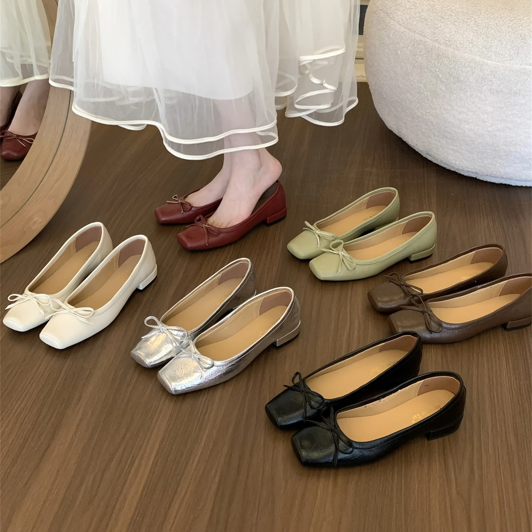 法式方头浅口蝴蝶结单鞋女春秋季新款低跟懒人奶奶鞋软底玛丽珍鞋