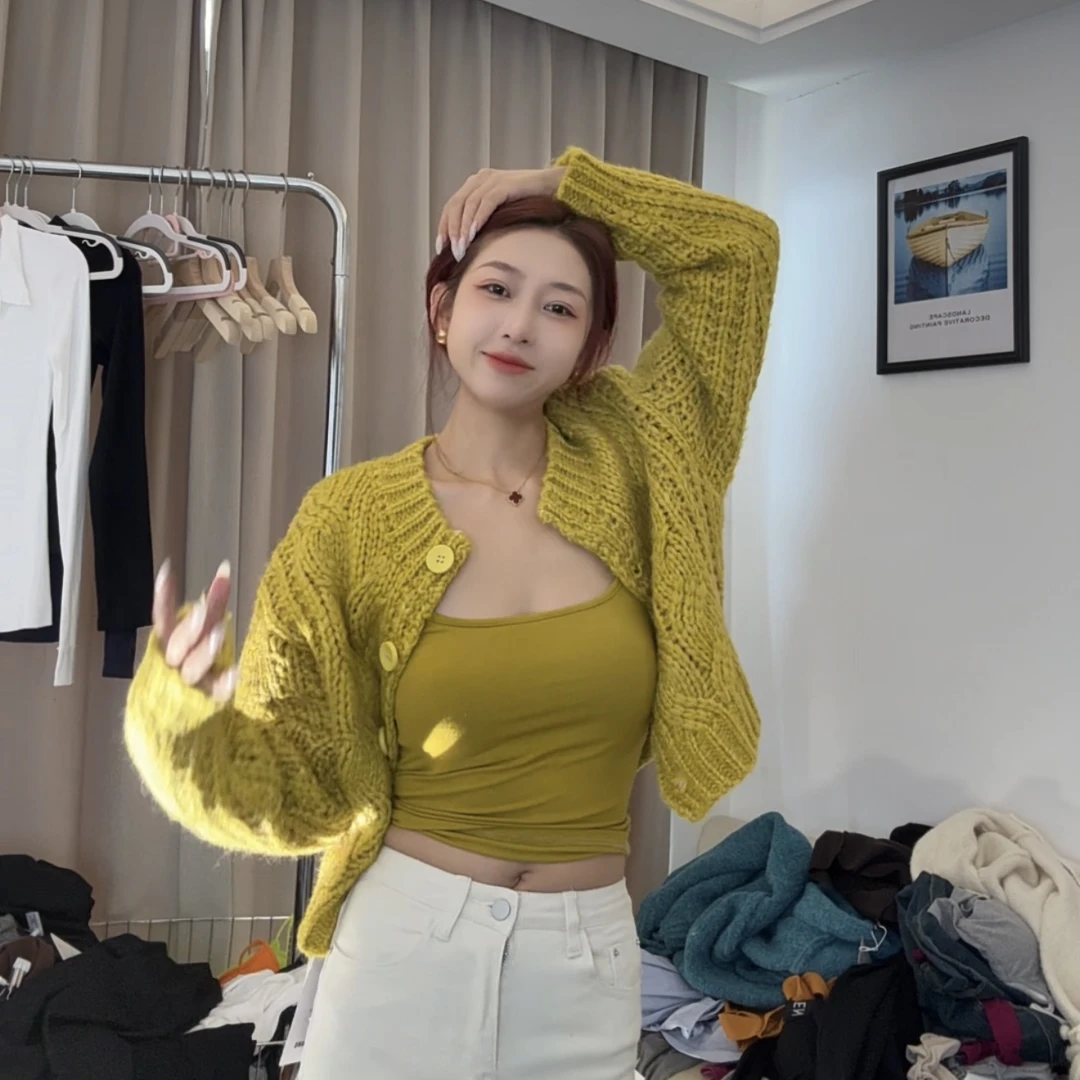 仲大钱家黄色加厚麻花毛衣开衫外套女冬季宽松慵懒短款针织衫上衣