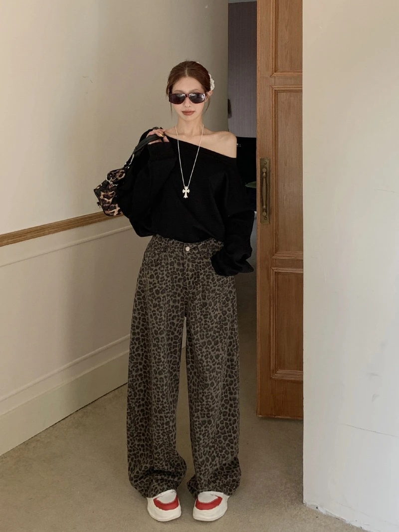 仲大钱家秋冬水洗棉豹纹复古牛仔阔腿拖地长裤时尚韩版显瘦高腰