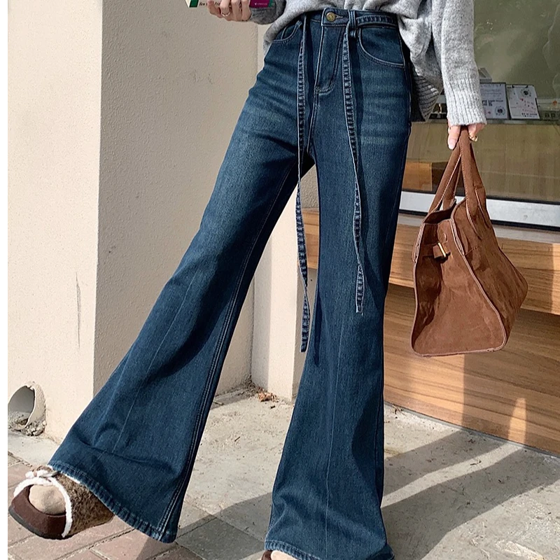 复古深蓝色加绒加厚微喇牛仔裤女冬季高腰显瘦休闲百搭喇叭拖地裤