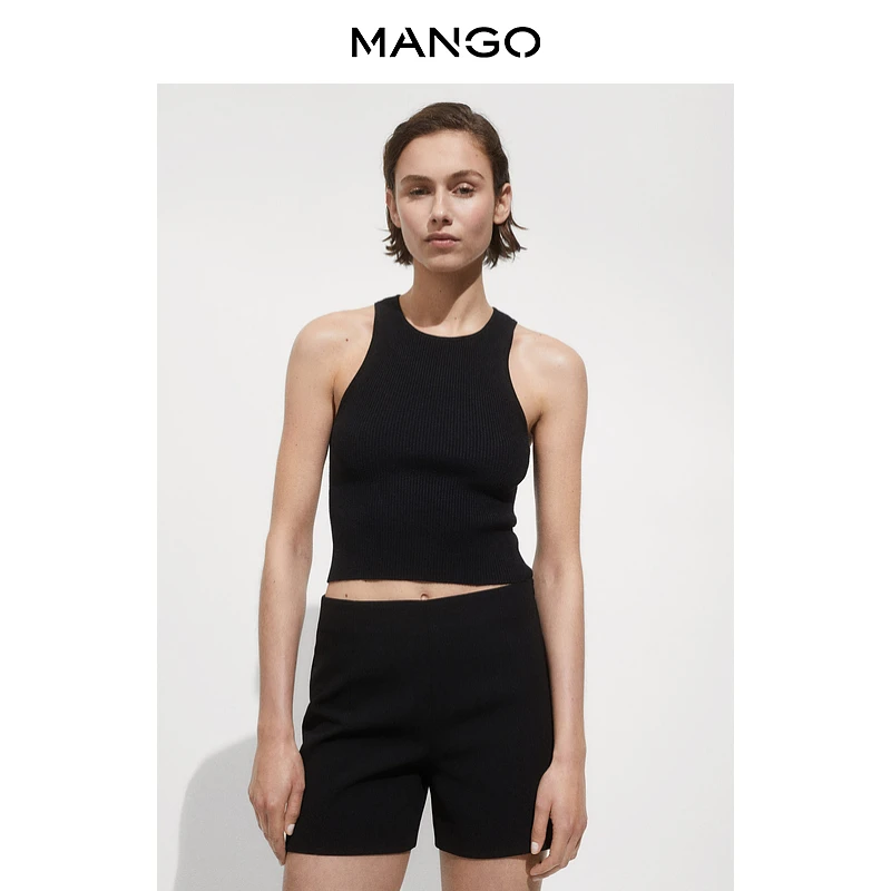 折扣季MANGO女装吊带背心2025夏装新款罗纹针织圆领黑色上衣