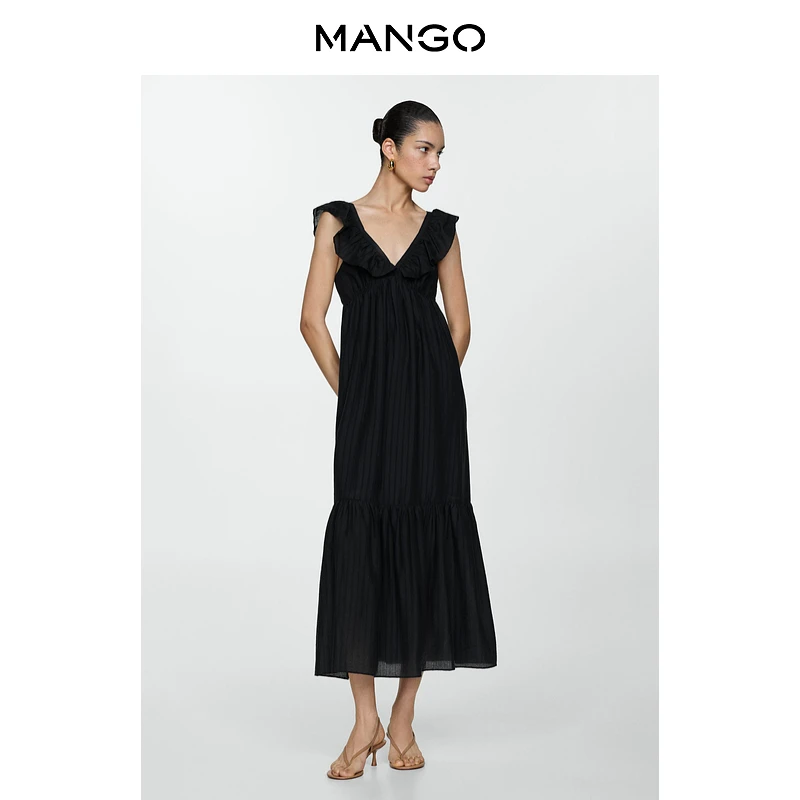 折扣季MANGO女装连衣裙2025夏装新款莱赛尔纹理荷叶边连衣裙