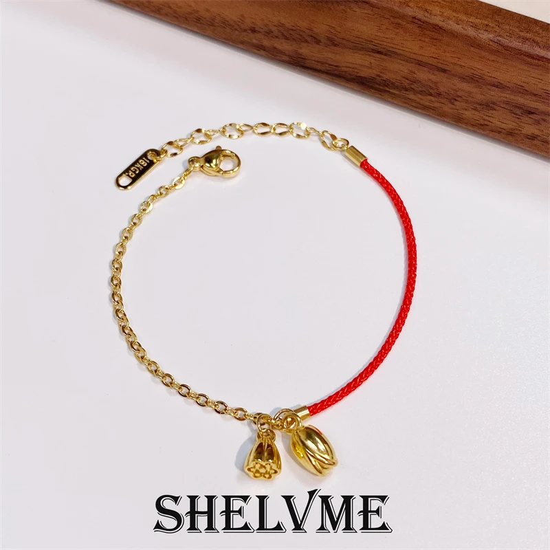 钛钢手链 新年气质莲蓬红绳手链二世欢镀黄金色首饰