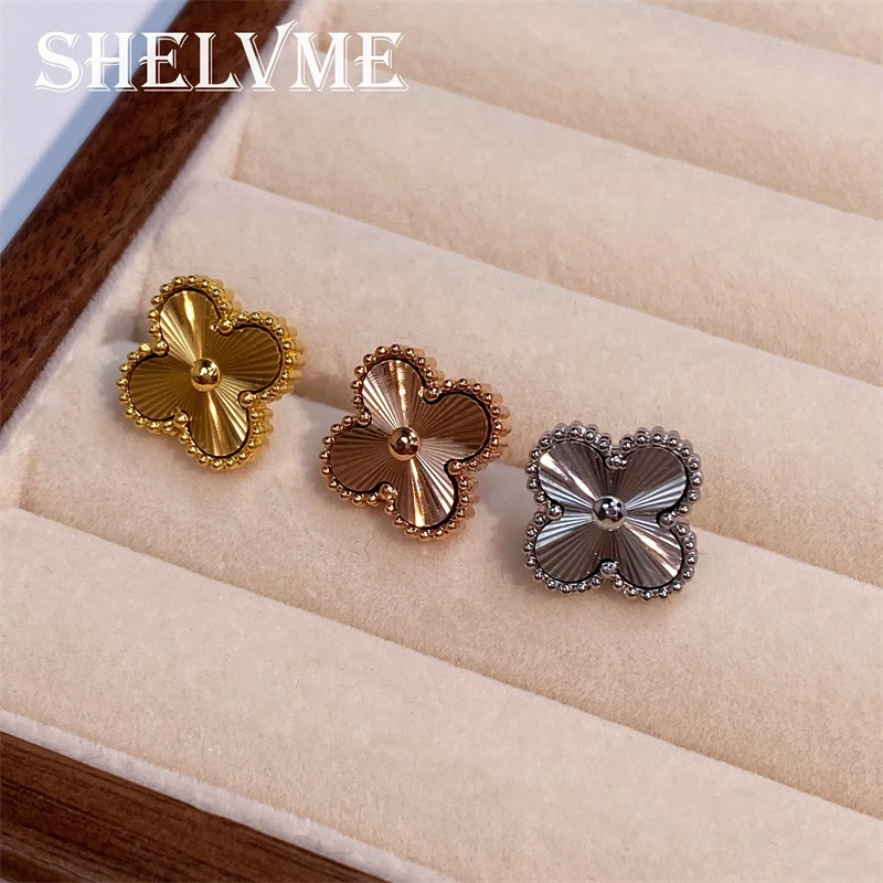 钛钢耳饰 时尚百搭CNC精工镭射四叶花耳钉