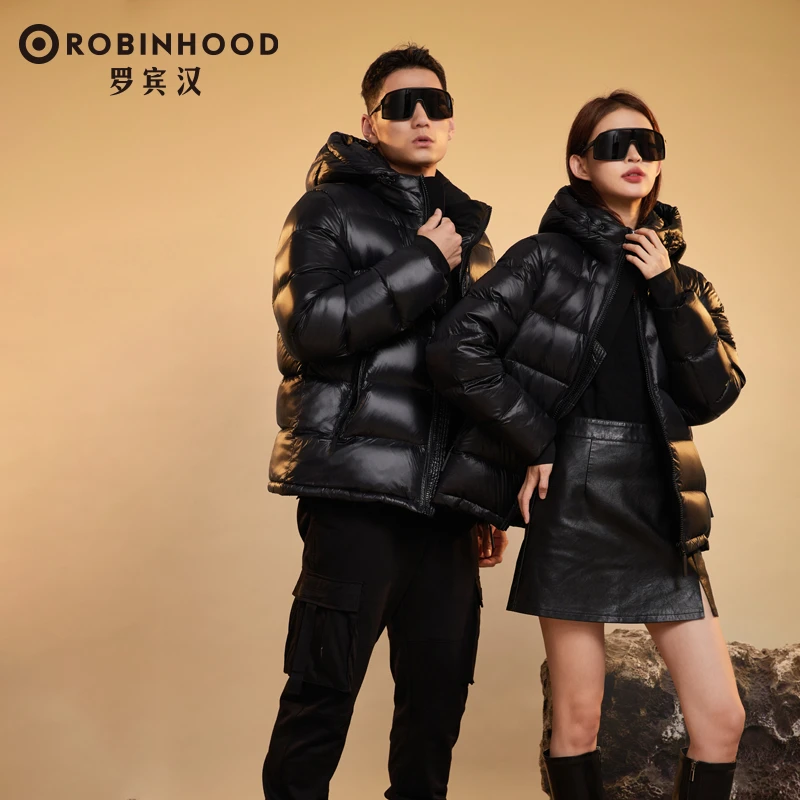 罗宾汉黑色金标连帽休闲保暖鸭绒情侣短款羽绒服DSP-R131Y5003
