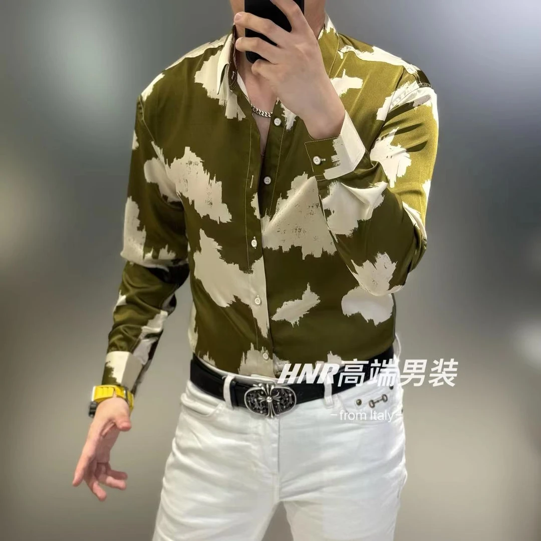 新款男士复古油画印花痞帅时尚长袖衬衣潮流百搭休闲男装衬衫34