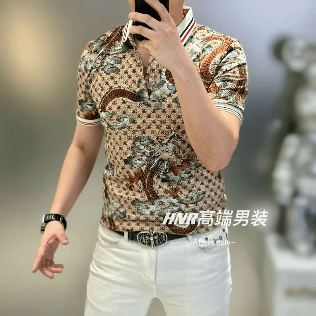 飞龙在天图案印花新款高端男士时尚潮流休闲百搭男装POLO衫88712