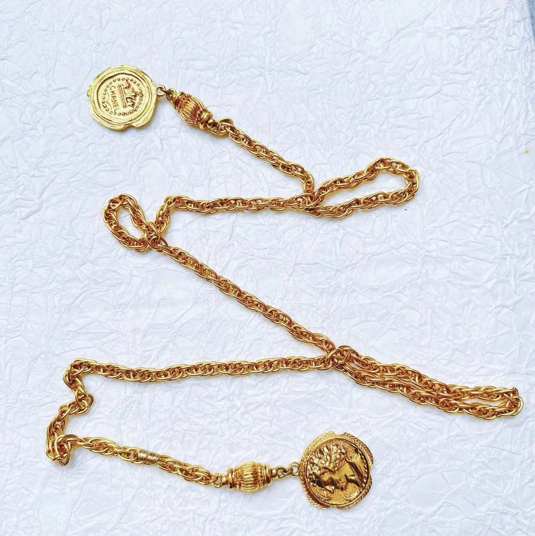 95新 Chanel/香奈儿 柚礼中古/素金双金币项链xp