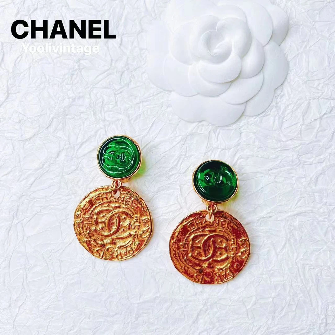 95新 Chanel/香奈儿 柚礼中古/chanel绿琉璃金币吊坠耳夹cc312024