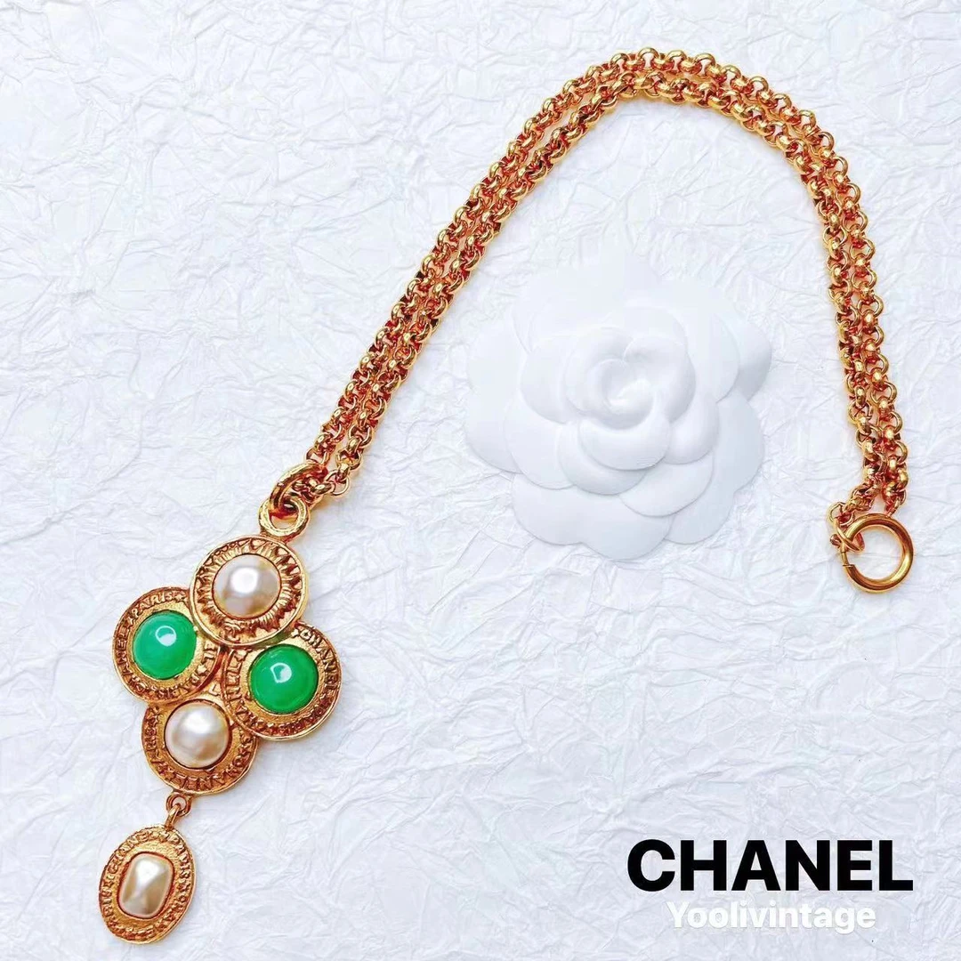95新 Chanel/香奈儿 柚礼中古/绿琉璃珍珠吊坠项链cc312028