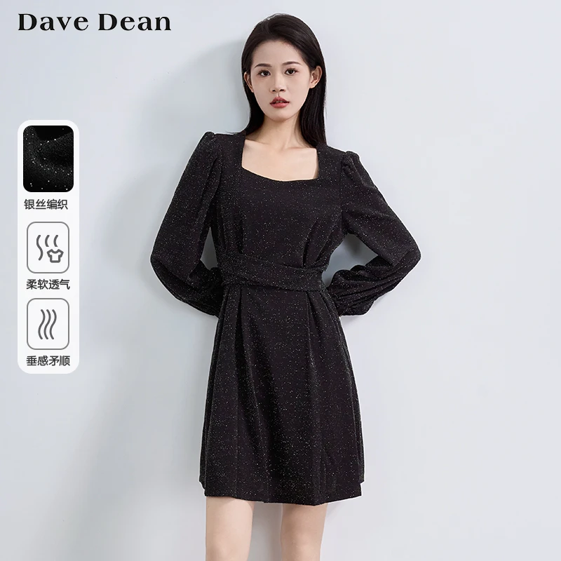 【商场同款】DaveDean赫本风亮丝收腰连衣裙子女2024秋新款 11721