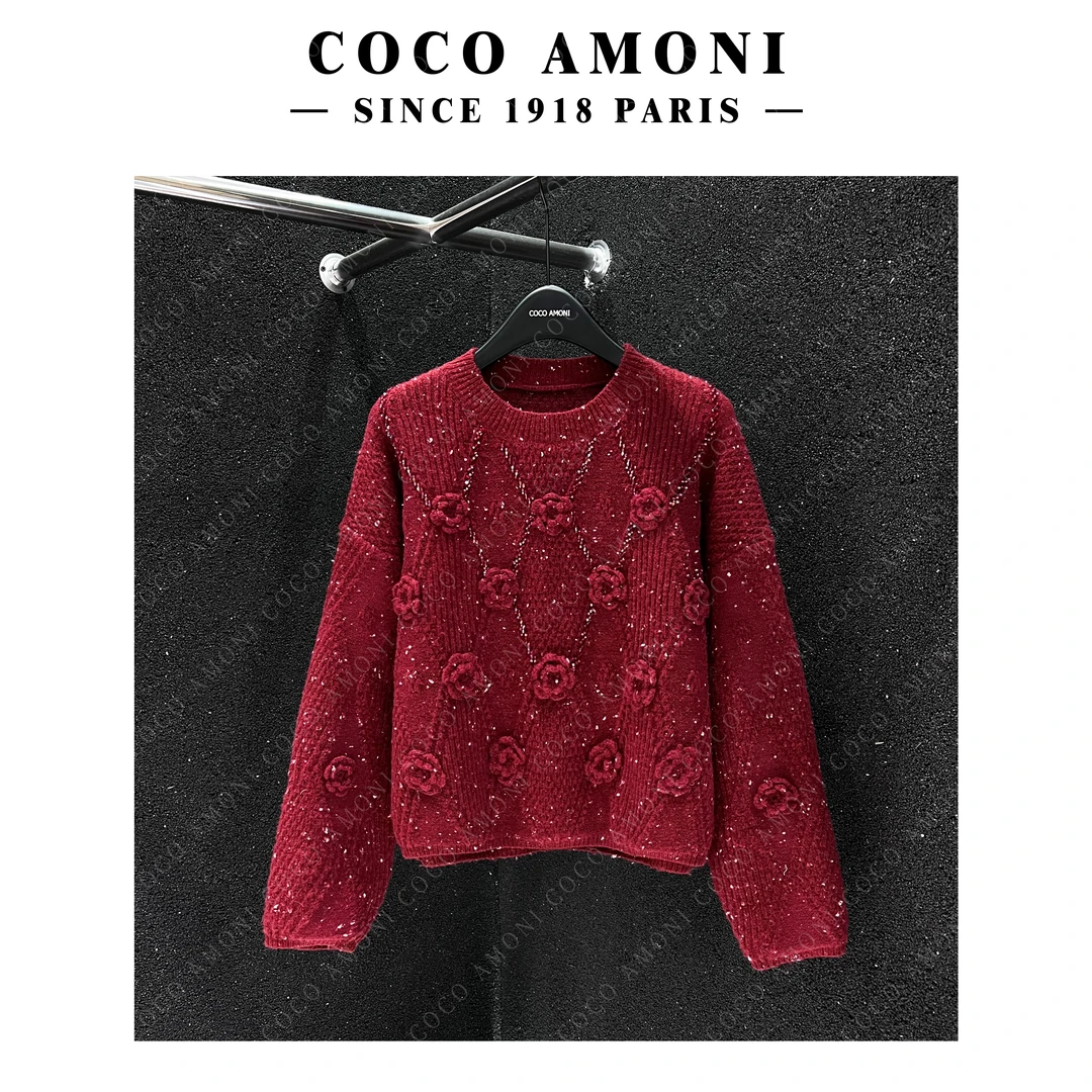 【曼姐】百搭扎花钉珠圆领针织衫时尚气质设计长袖毛衫 NZ586