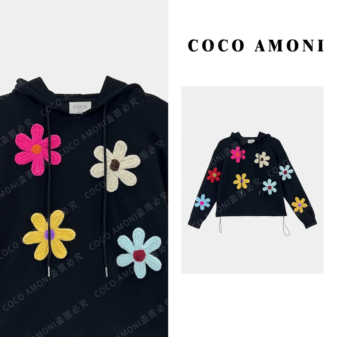 时尚重工百搭立体花朵重磅连帽显瘦长袖卫衣ZQ305